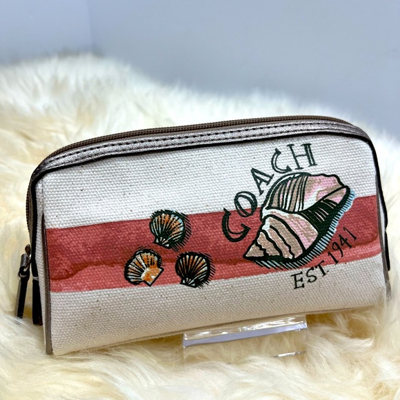 Coach Beach Canvass Cosmetic Bag Beach Shell Retired  Metallic Bronze Trim - Picture 1 of 10